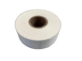 A roll of white adhesive tape with a cardboard core, photographed on a neutral gray background.